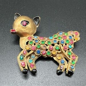 Vintage Plastic Novelty Rhinestone Lamb Brooch Art Deco Kitschy